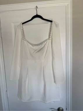 Elegant Long Sleeve White Pearl-Trim Dress